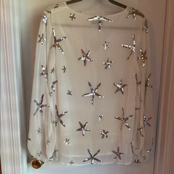 Anthropologie Cream Sequin Starfish Blouse sheer arms - Picture 4 of 5